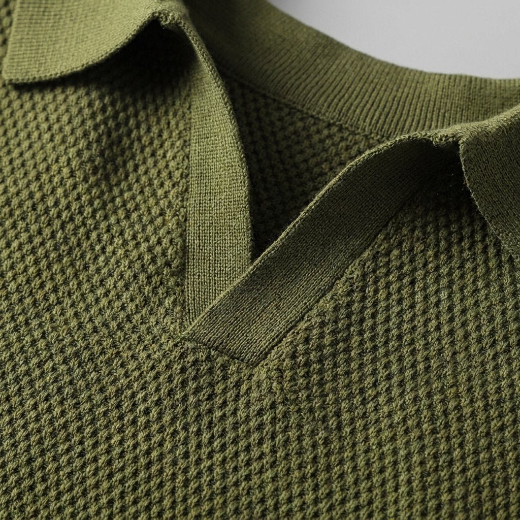 Milo polo shirt knit texture and V-neck collar close-up
