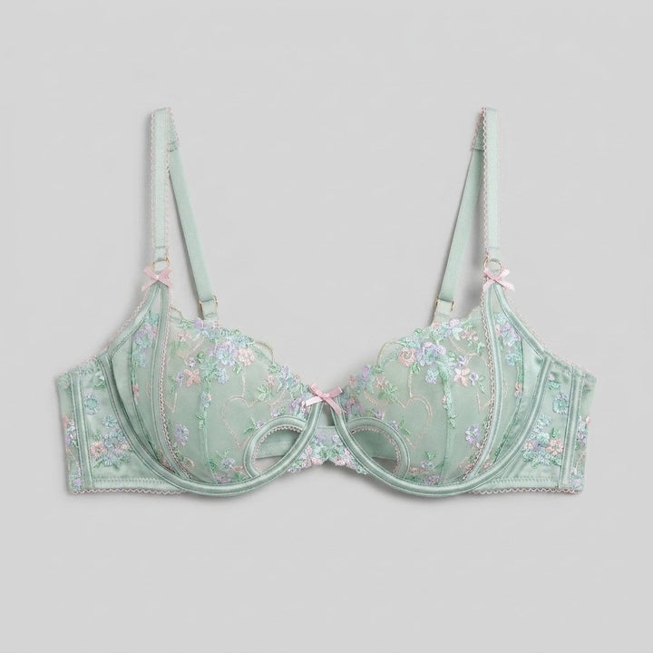 Mira Balcony Bra mint floral embroidery satin - front