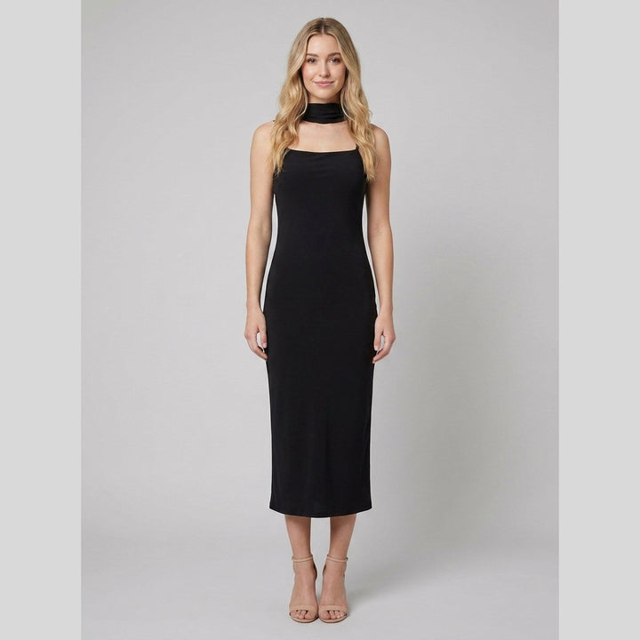 Mira black slim-fit midi slip dress with scarf front on model