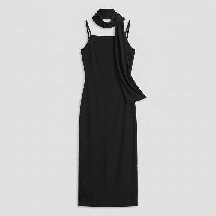 Mira black midi slip dress front flat-lay