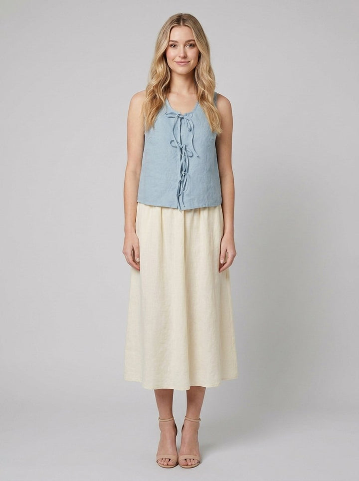 Mira linen tie-front top light blue front