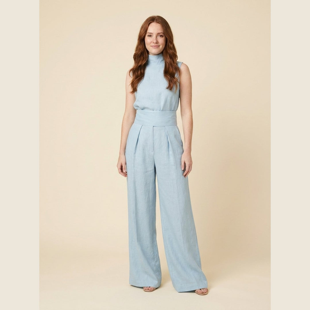 Mira blouse and pants set light blue on model