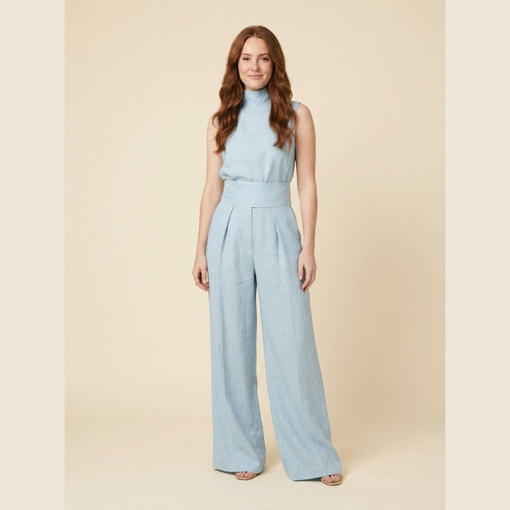 Mira blouse and pants set light blue on model
