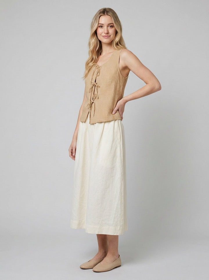 Mira linen tie-front top tan pose