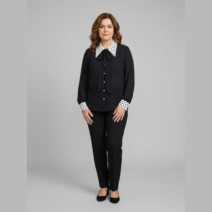 Mira black bow blouse white polka-dot collar front