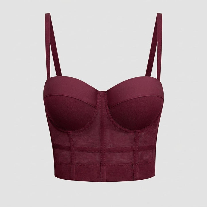 Mira mesh underwire bustier top in burgundy - flat lay
