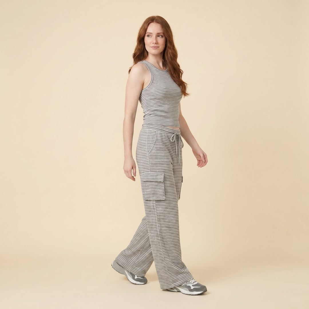 Mira gray ribbed loungewear set side on model