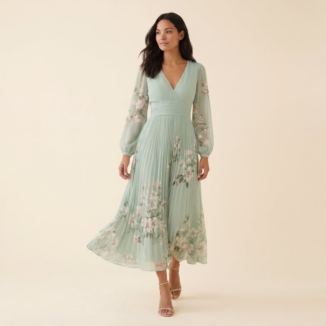 Mira sage green floral midi dress three-quarter view on model