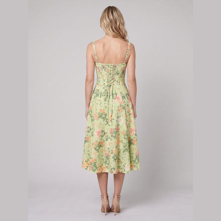 Mira floral midi dress lime back corset lacing
