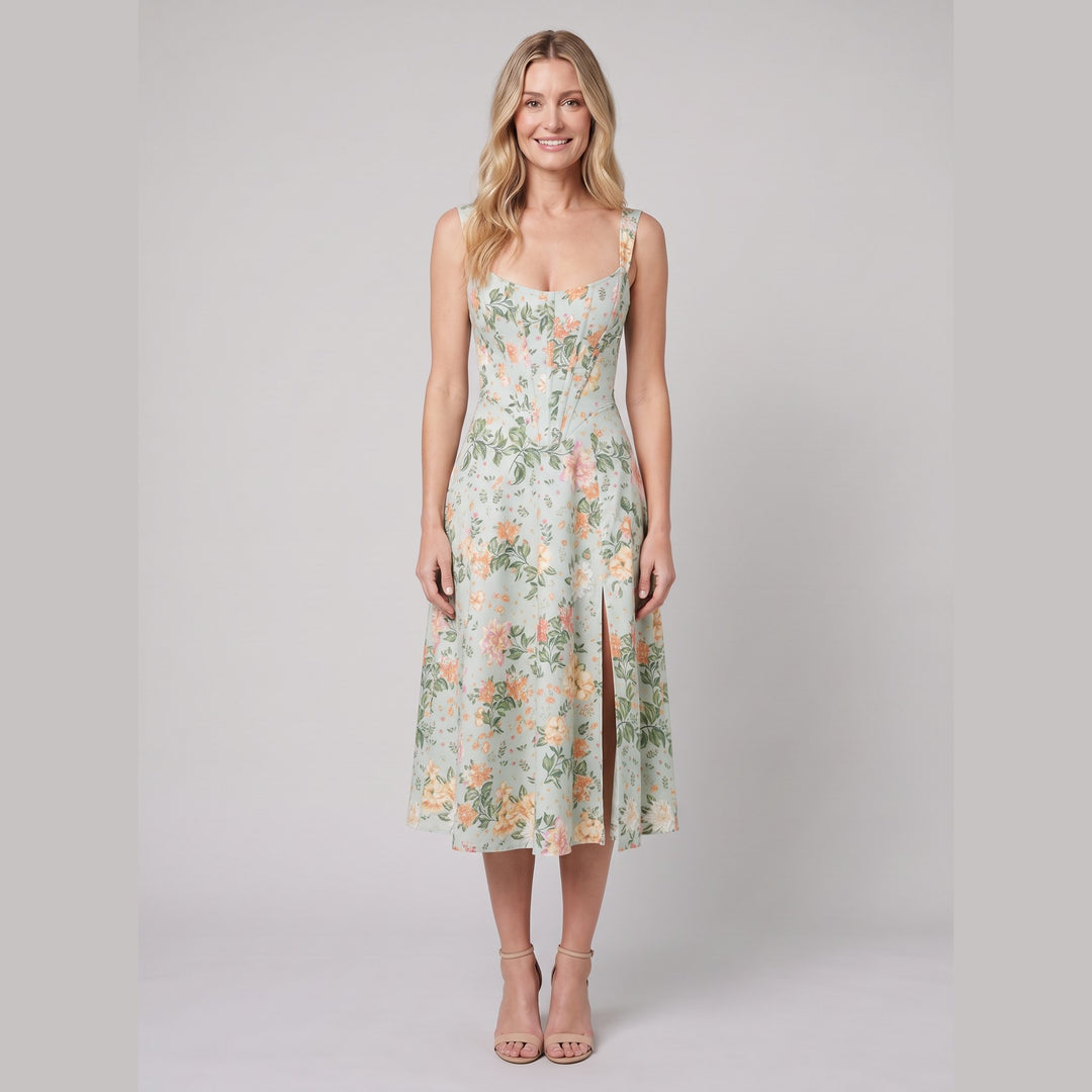 Mira corset floral midi dress lime front