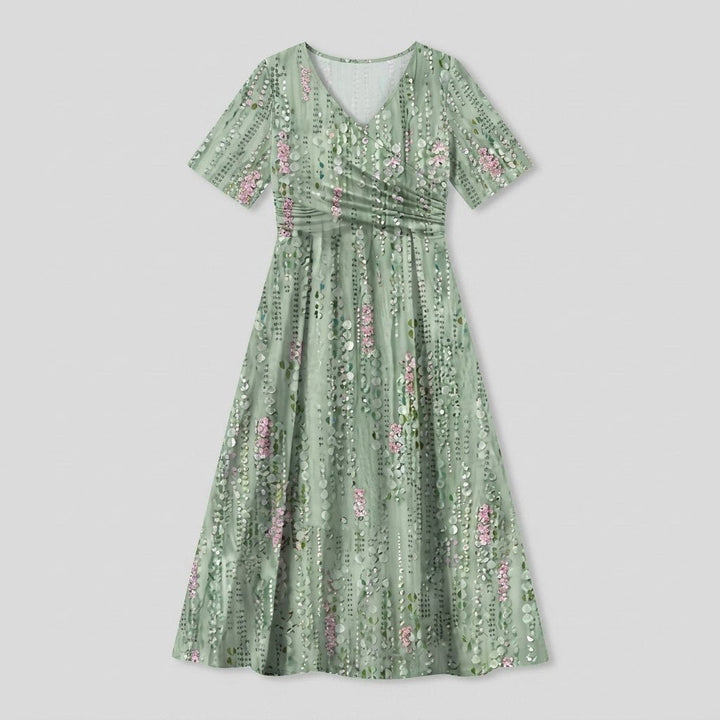 Mira floral V-neck midi dress front flat-lay