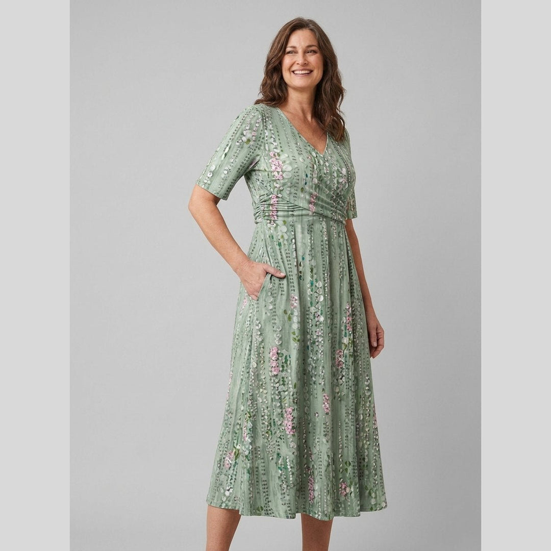 Mira floral V-neck midi dress three-quarter on model