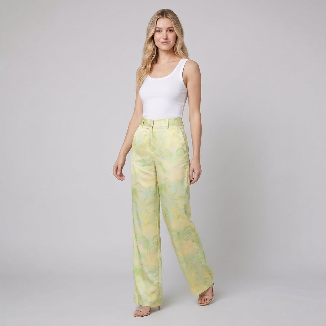 Mira marble print high waisted pants lime on model