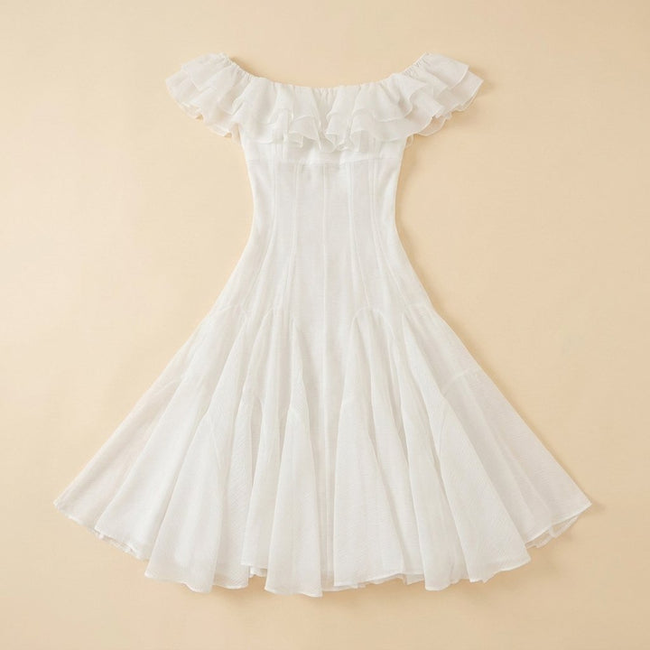 Mira off shoulder chiffon midi dress white flat lay