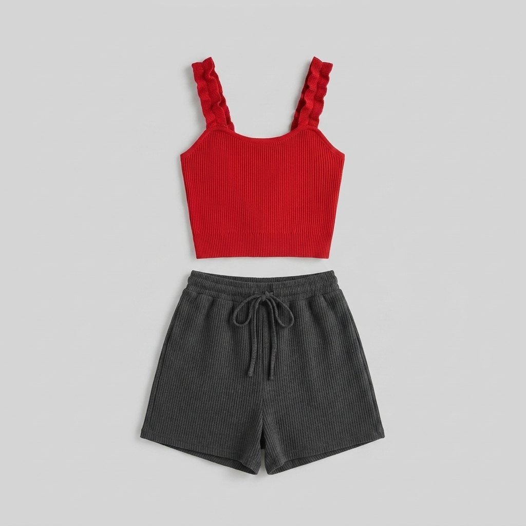 Mira red ribbed skort set flat lay