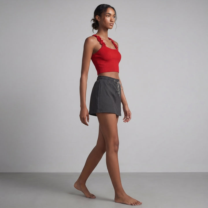 Mira red ribbed skort set side on model