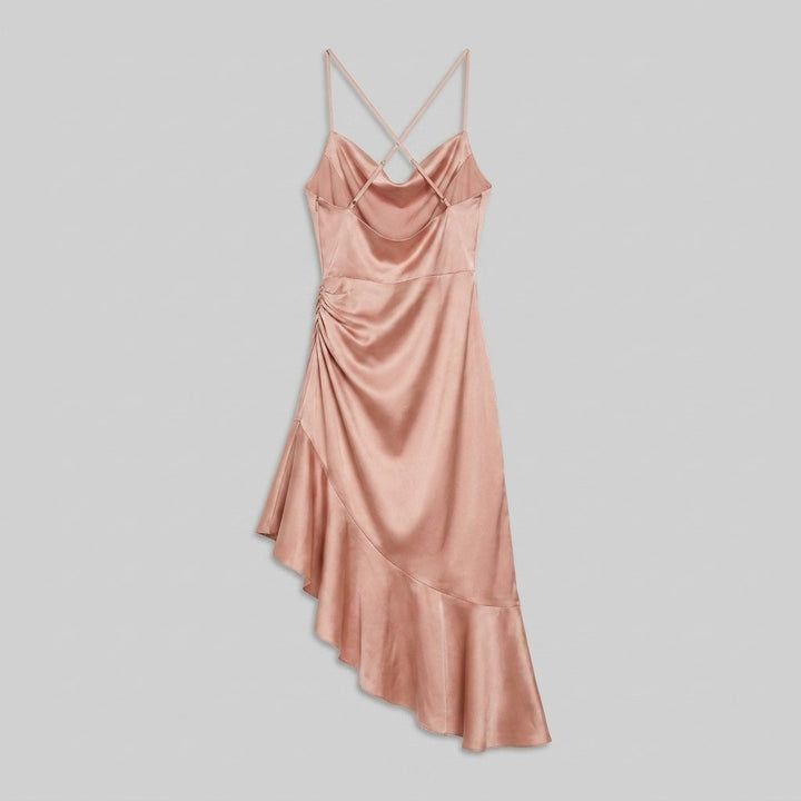 Mira satin cowl neck midi dress pink back view