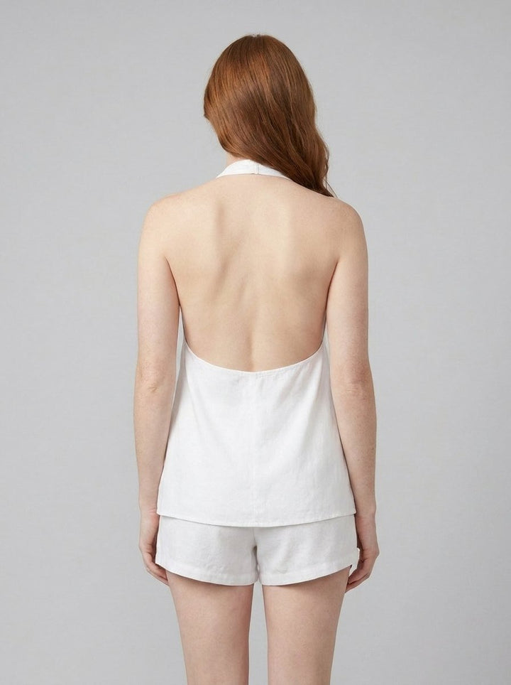 Backless halter set, back view showing the open back