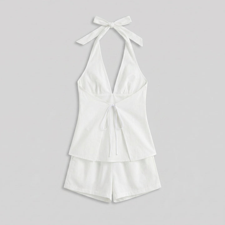 Backless halter top and shorts set, flat-lay of both pieces