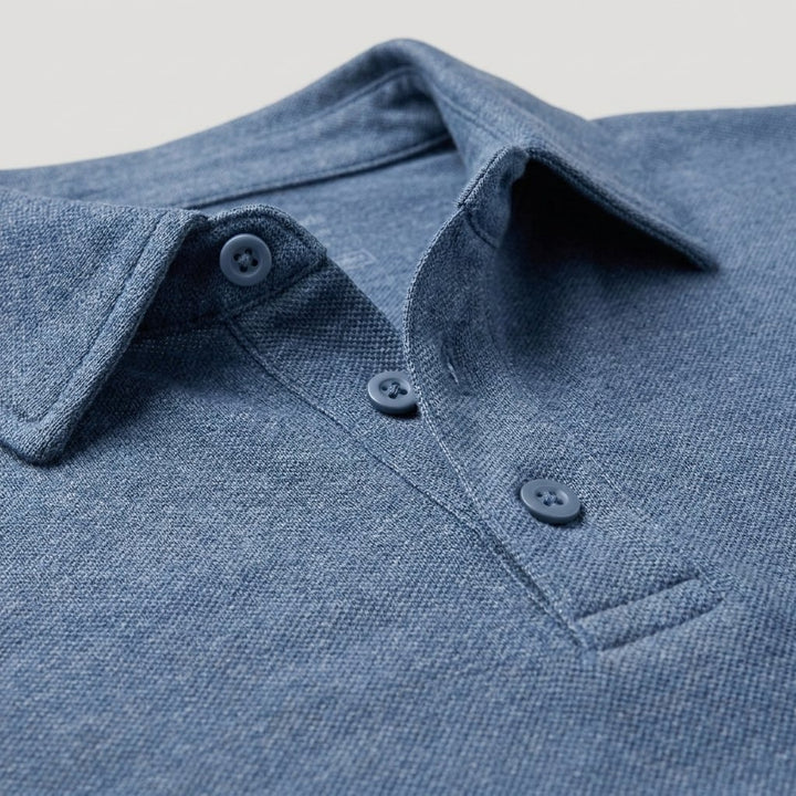 Mosaic slate-blue pique fabric and collar close-up