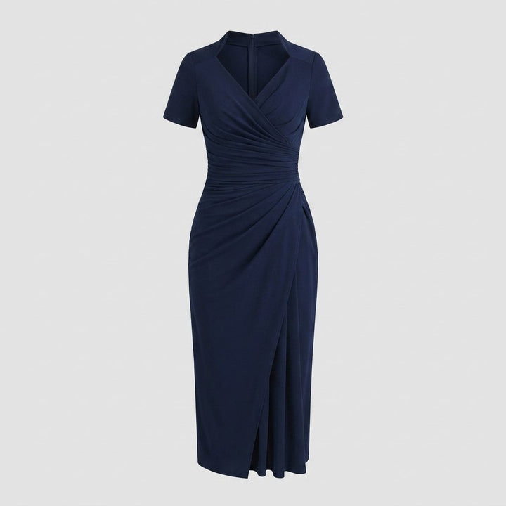 Moya navy ruched wrap midi dress product flat-lay