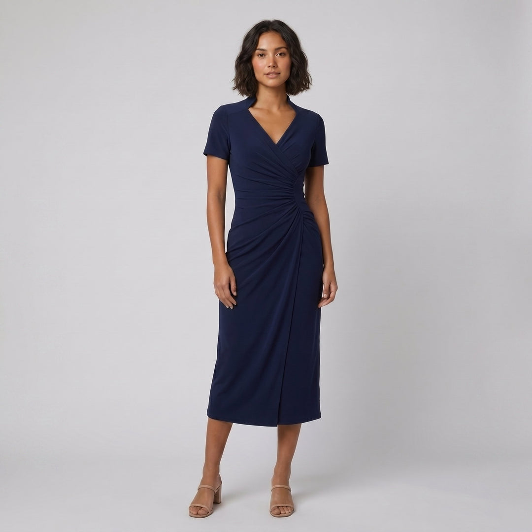 Moya navy ruched wrap midi dress on model