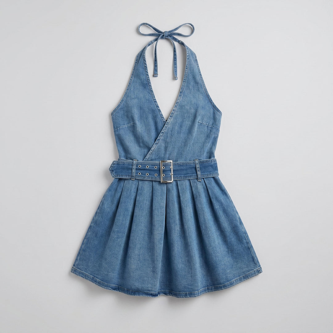 Blue denim halter mini dress laid flat, full garment
