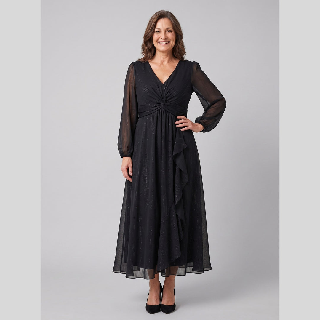 Black plus size A-line chiffon twist knot long sleeve dress - The store Vancouver