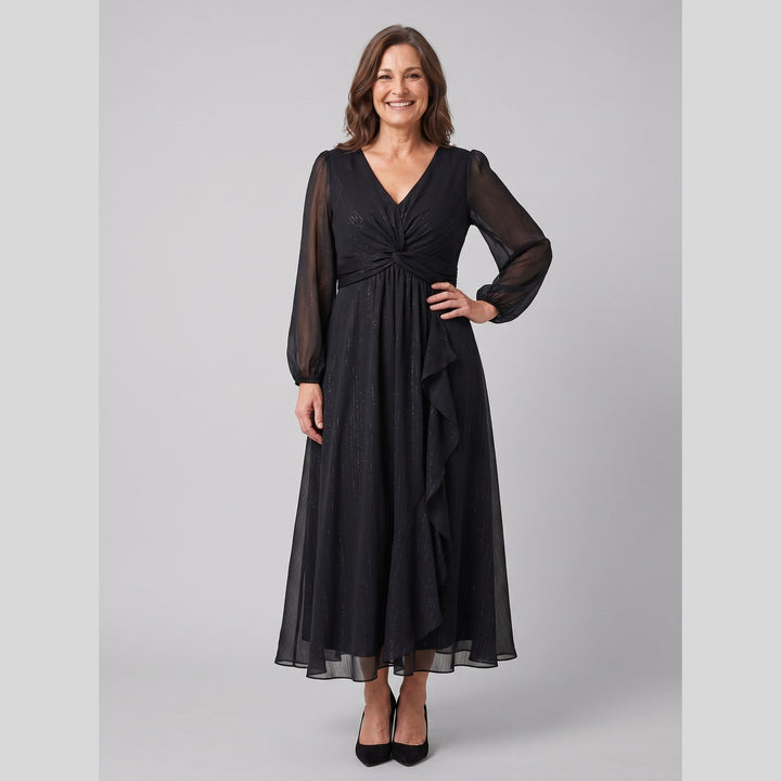 Black plus size A-line chiffon twist knot long sleeve dress - The store Vancouver