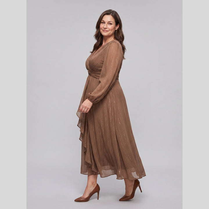 Brown plus size A-line chiffon twist knot long sleeve dress - The store Vancouver