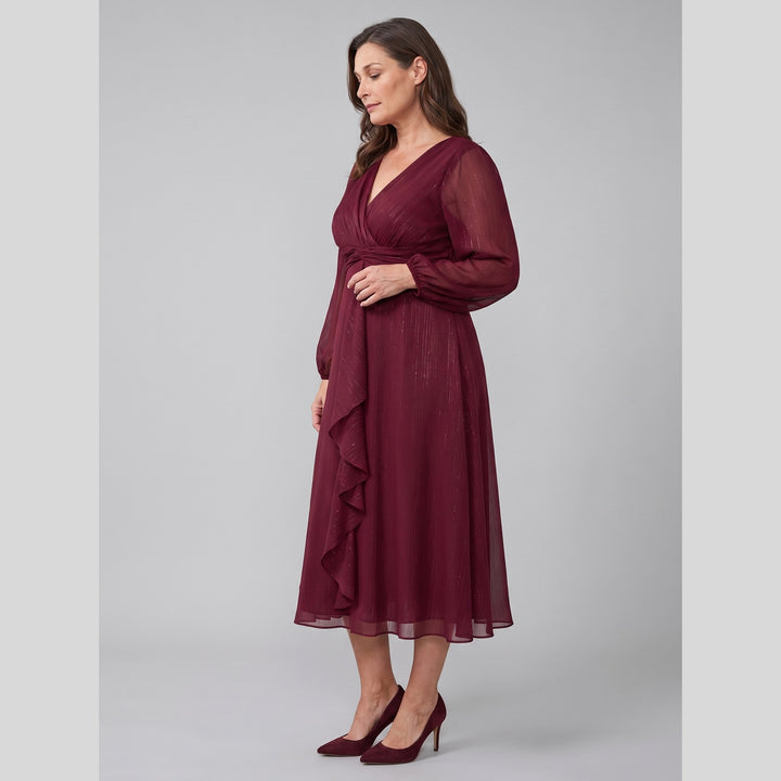 Burgundy plus size A-line chiffon twist knot long sleeve dress - The store Vancouver