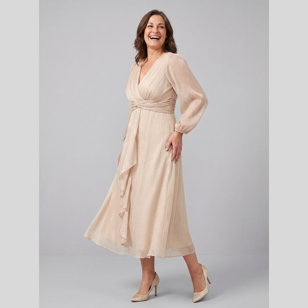 Champagne plus size A-line chiffon twist knot long sleeve dress - The store Vancouver