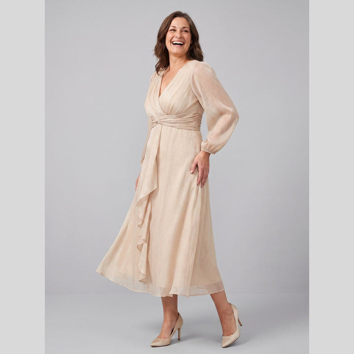 Champagne plus size A-line chiffon twist knot long sleeve dress - The store Vancouver
