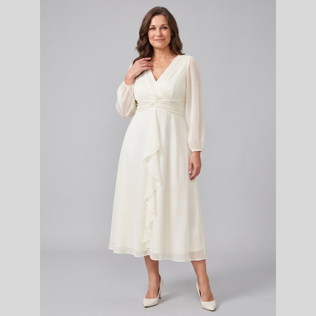 Cream plus size A-line chiffon twist knot long sleeve dress - The store Vancouver