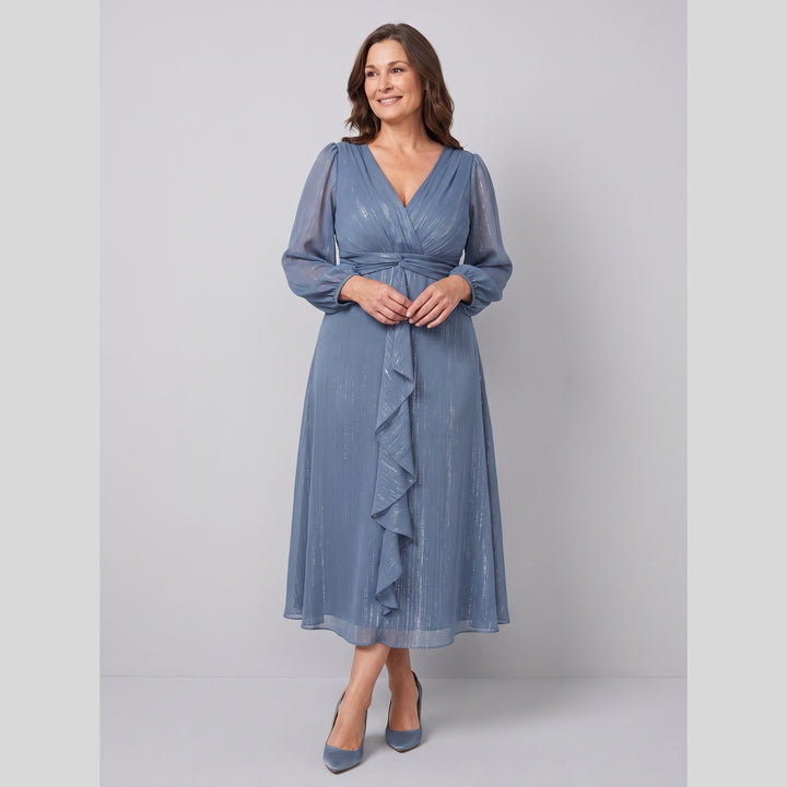 Dusty blue plus size A-line chiffon twist knot long sleeve dress - The store Vancouver