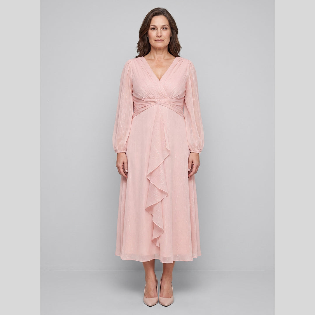 Pink plus size A-line chiffon twist knot long sleeve dress - The store Vancouver