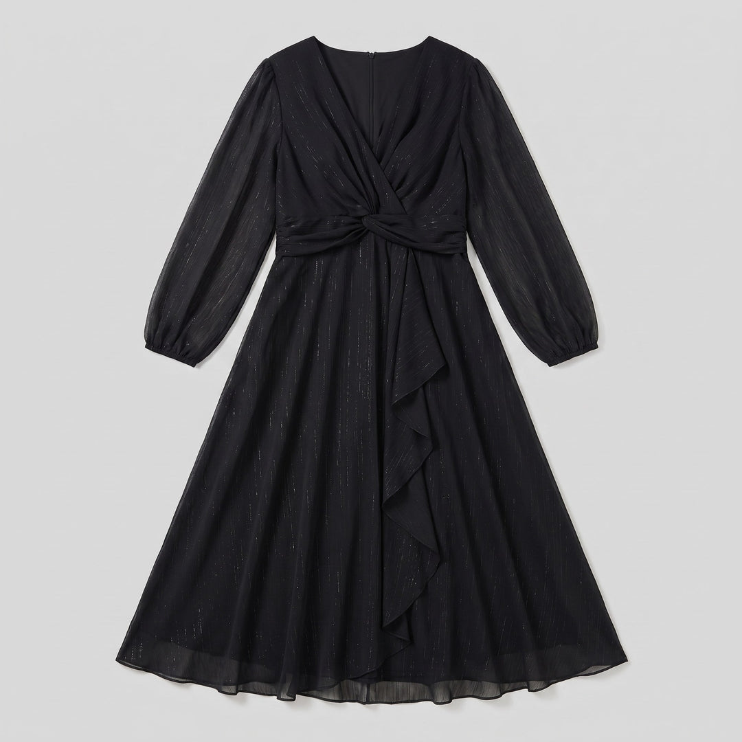 Black plus size chiffon twist knot dress flat lay product photo - The store Vancouver