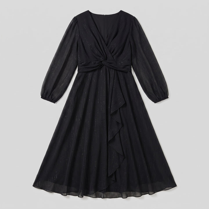 Black plus size chiffon twist knot dress flat lay product photo - The store Vancouver