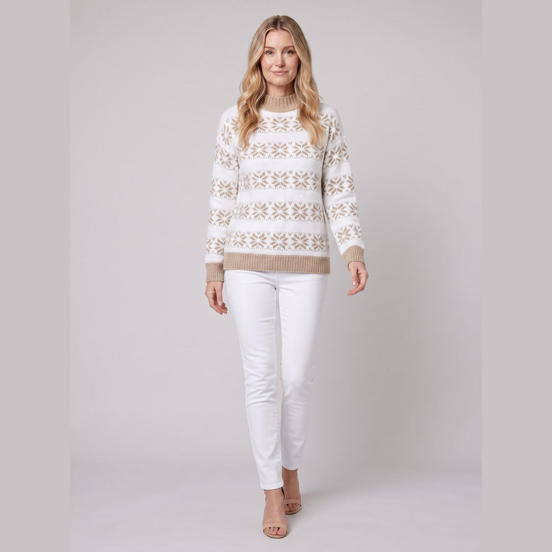 Nordic snowflake sweater camel on model