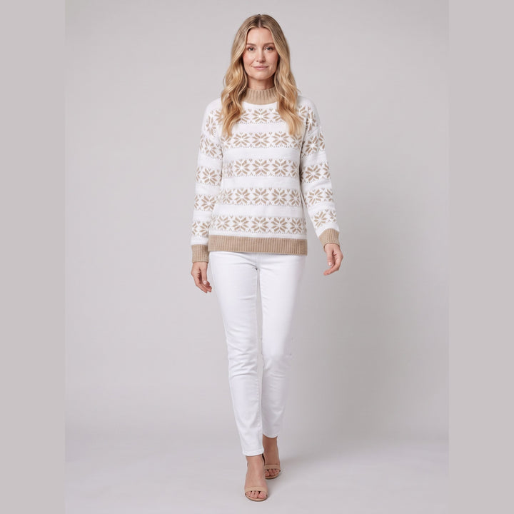 Nordic snowflake sweater camel on model