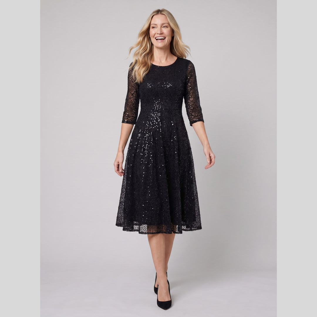 Black sequin 3/4 sleeve midi cocktail dress - The store Vancouver