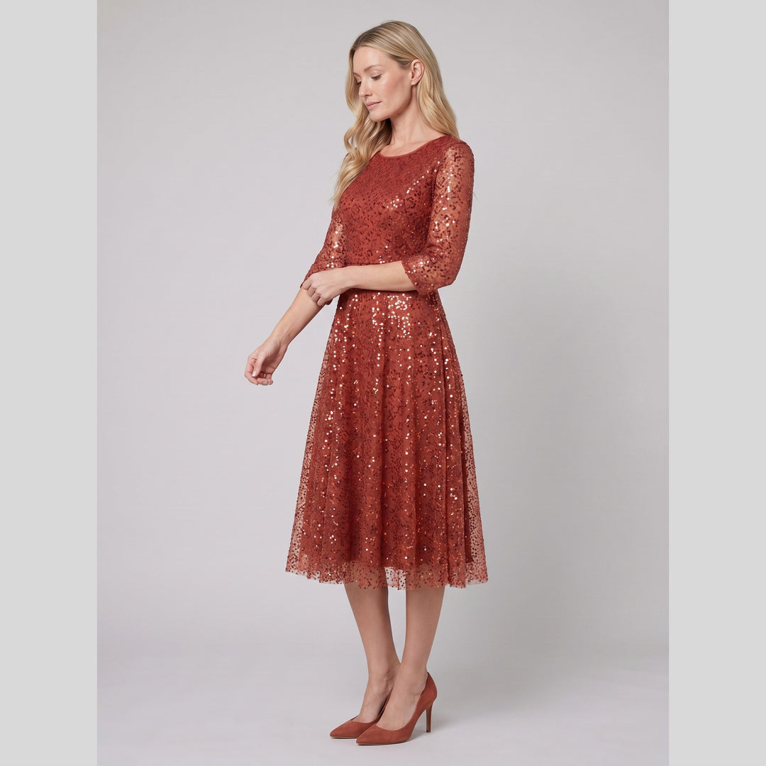 Burnt orange sequin 3/4 sleeve midi cocktail dress - The store Vancouver