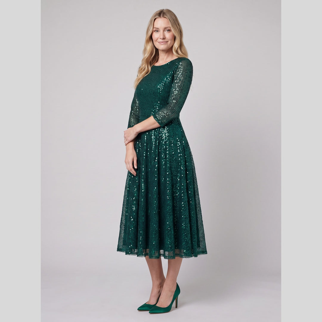 Dark green sequin 3/4 sleeve midi cocktail dress - The store Vancouver