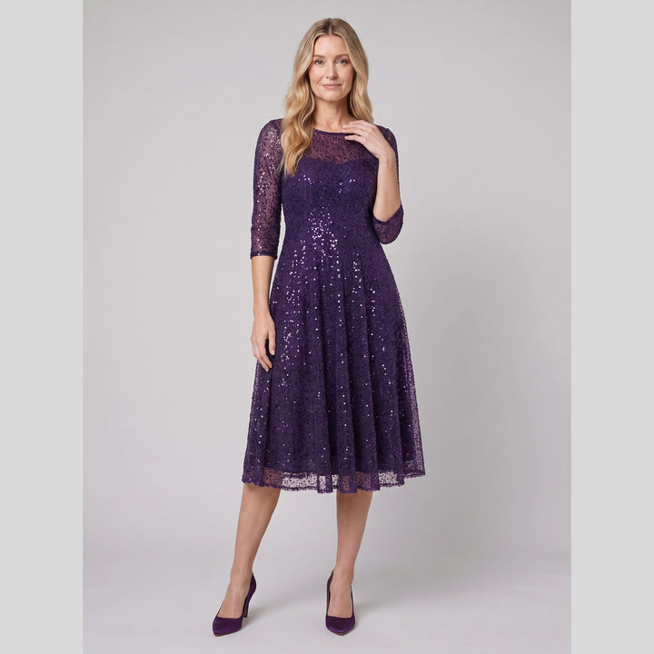 Dark purple sequin 3/4 sleeve midi cocktail dress - The store Vancouver