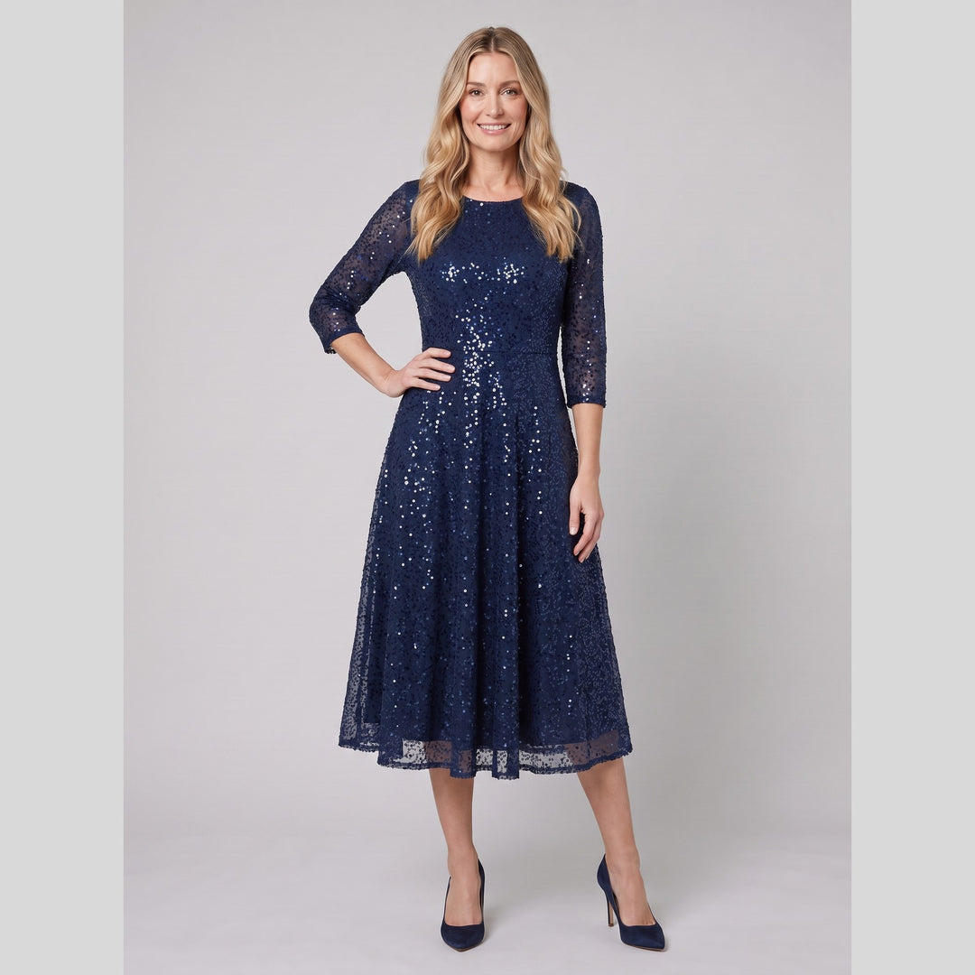 Navy blue sequin 3/4 sleeve midi cocktail dress - The store Vancouver