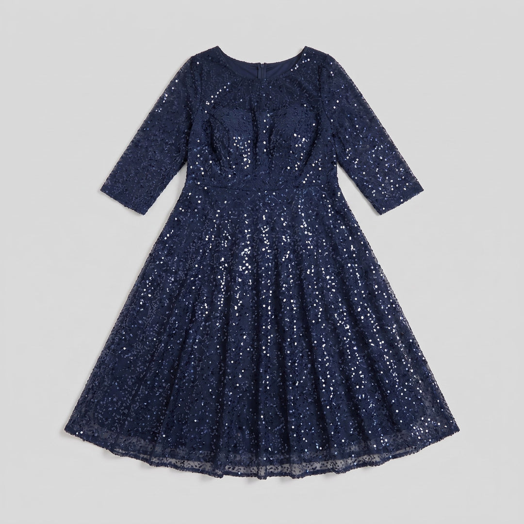 Navy blue sequin midi dress flat lay product photo - The store Vancouver
