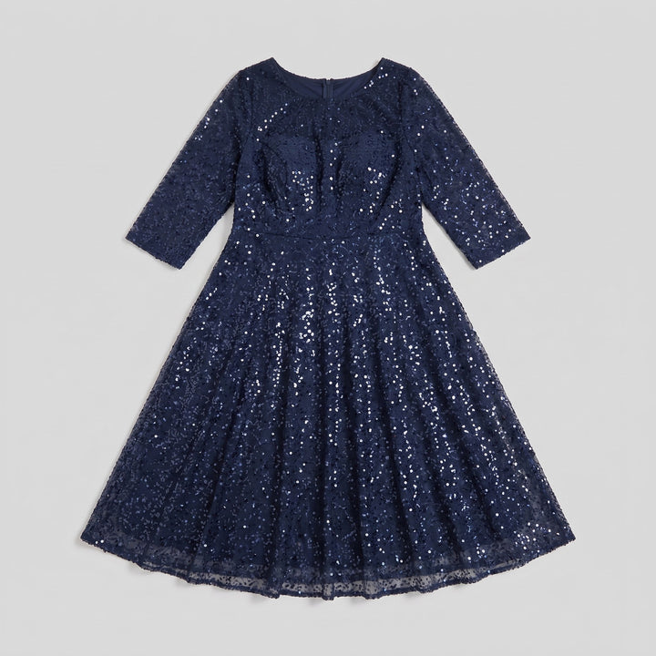 Navy blue sequin midi dress flat lay product photo - The store Vancouver