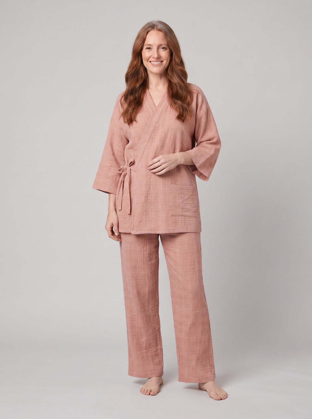 Nuku linen wrap set in pink - kimono-inspired lounge set