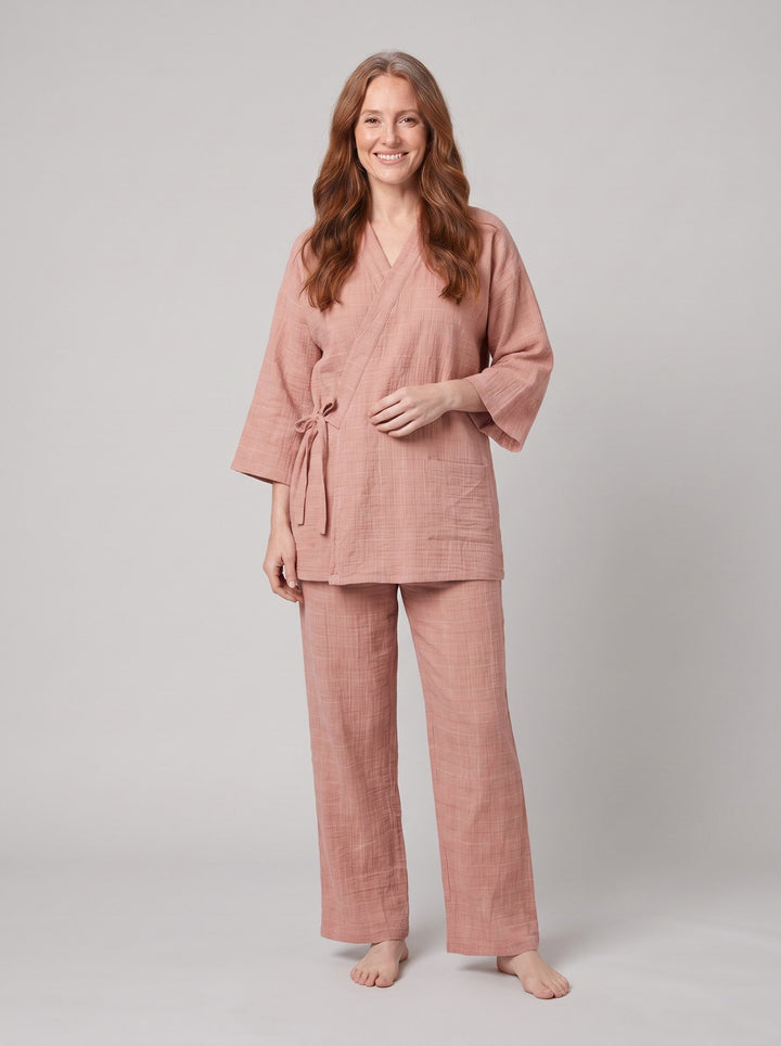 Nuku linen wrap set in pink - kimono-inspired lounge set