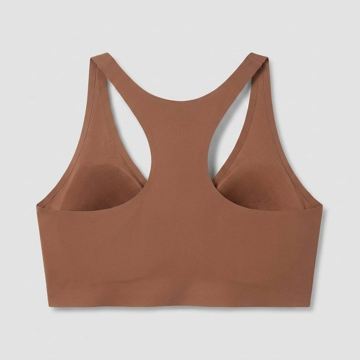 Wireless seamless plunge bra, back view showing the racer band